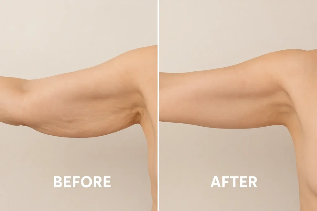 Picture of LA LIPO Hampton before and after results of skin tightening treatment on the upper arms.