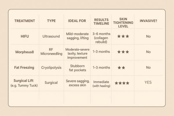 Table showing the comparisons of Skin tightening Hampton treatment options.